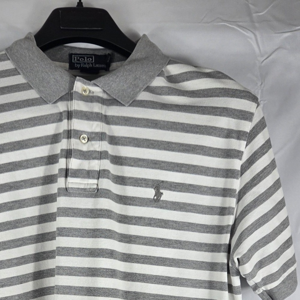 Polo Ralph Lauren Mens Large Grey White Striped Short Sleeve Pique Polo Shirt
